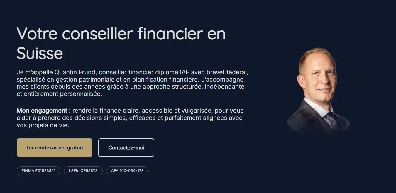 Page d'accueil du site de Quantin Frund, conseiller financier en Suisse